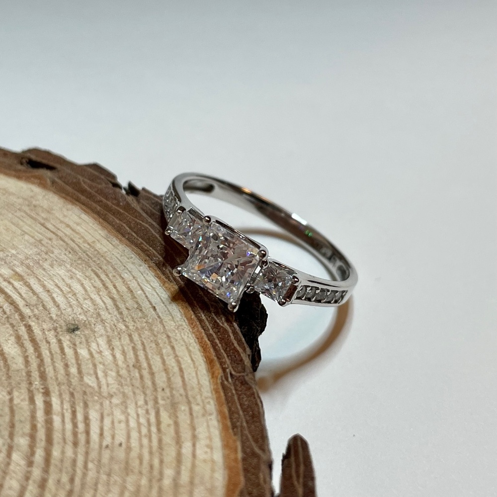 14K White Gold Zirconia Engagement Trilogy Ring w/Accents